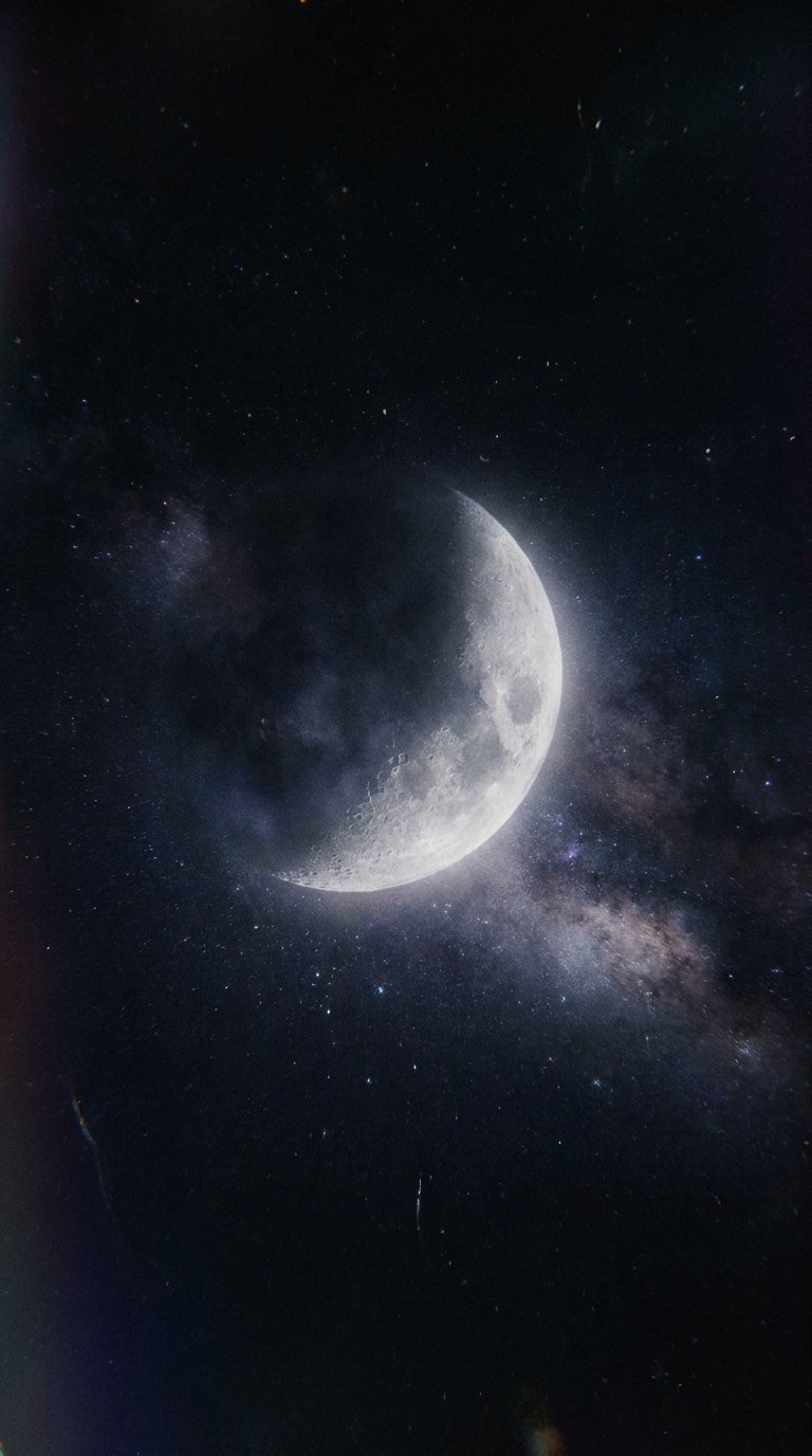 A glowing crescent moon in an ethereal nocturnal sky